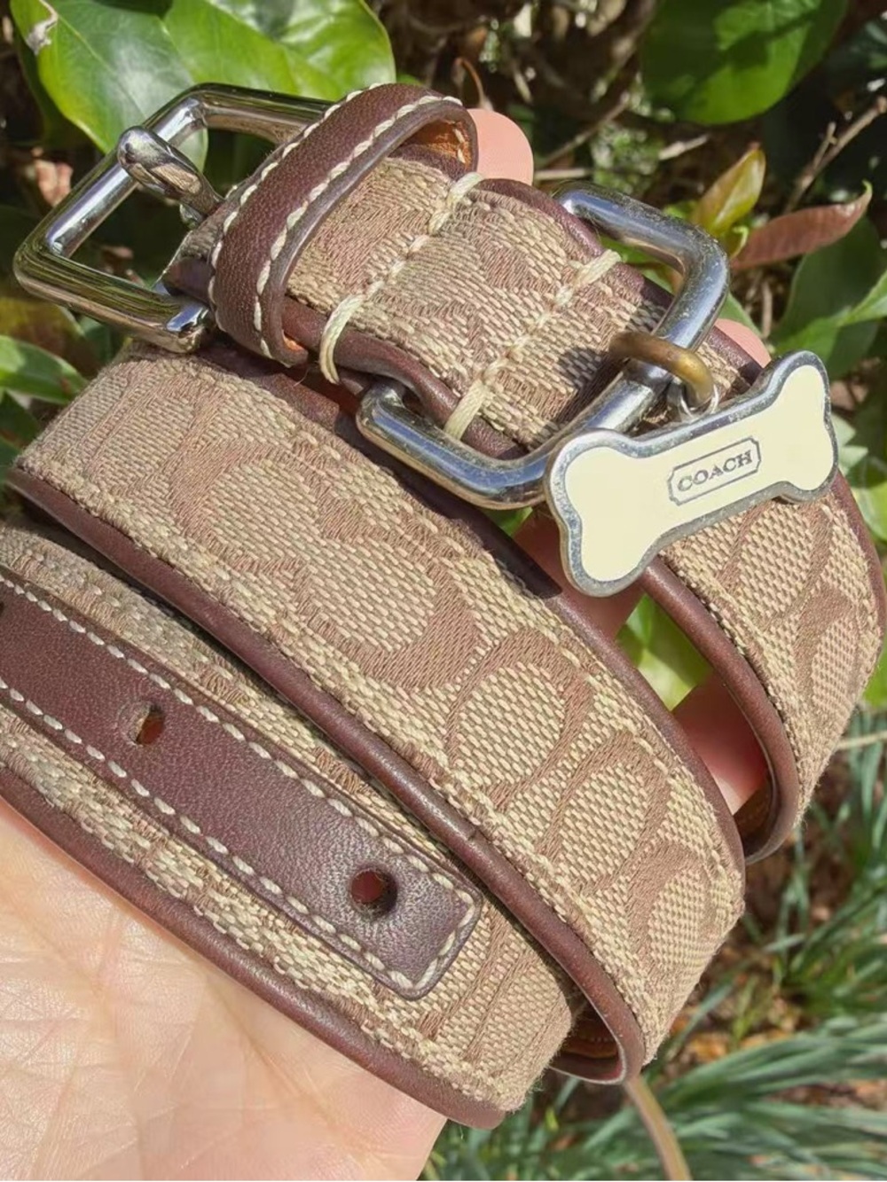 Coach Vintage Signature Canvas & Leather Dog Collar Brown with Bone Charm - Picture 2 of 8